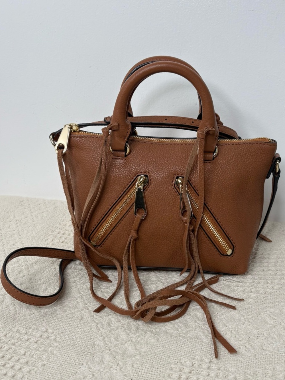 Rebecca Minkoff Micro Moto Satchel Cross Body Bag Almond Brown Leather